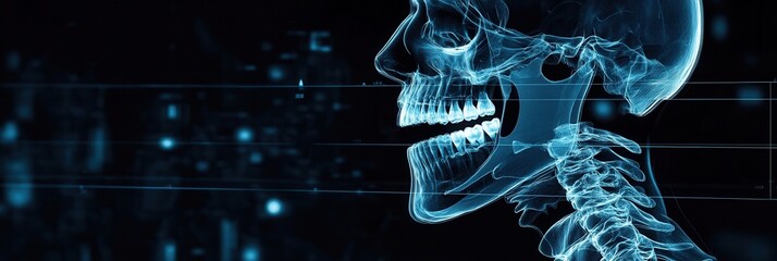 Poster - Jawbone implants detailed through X-ray style design showcasing precise dental anatomy on a dark medical backdrop