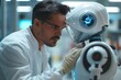 © imagemir - A focused male scientist examines a humanoid robot, highlighting the fusion of human innovation and technology.