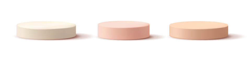 Aufkleber - Podiums or stages for cosmetics advertisement. Vector 3d realistic scenes for product showcase or display. Rounded platform mockup for interior, minimalist decoration for studio interior