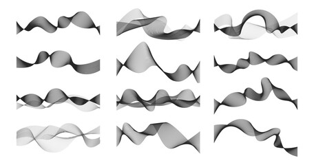 Poster - Abstract monochrome wave collection. Vector isolated smoke wavy lines. Musical pulsing streams, dynamic sound flares and energy flows. Curved smooth stripes set. Digital art and animation design
