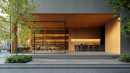 Poster - A sleek structure boasts large glass panels, blending indoor and outdoor spaces, with warm wooden elements and vibrant greenery for a serene atmosphere, perfect for relaxation and gatherings