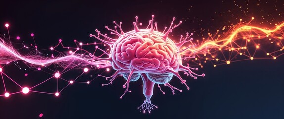 Poster - pink neural network neuron connection orange dark background motion and energy concept modern and futuristic digital abstract artwork background