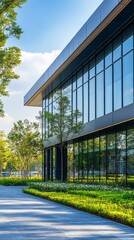 Poster - A sleek, modern building showcases expansive glass windows reflecting the warm sunlight. Lush greenery surrounds the structure, enhancing the tranquil atmosphere of the urban park