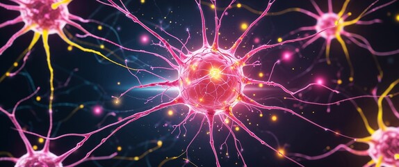Aufkleber - pink neural network neuron connection yellow dark background motion and energy concept modern and futuristic digital abstract artwork background