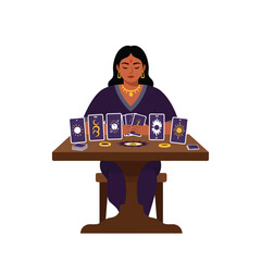 Poster - Tarot card reader at a table in flat vector art style