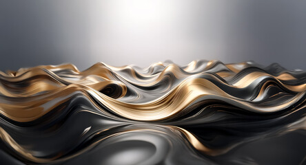 Fototapete - Abstract and elegant background image. Wavy surface with smooth curves and shadows. Metallic texture in black and gold under a soft light source from above.