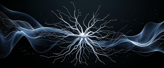 Poster - white neural network neuron connection black dark background motion and energy concept modern and futuristic digital abstract artwork background