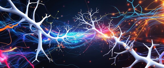 Poster - white neural network neuron connection colorful dark background motion and energy concept modern and futuristic digital abstract artwork background