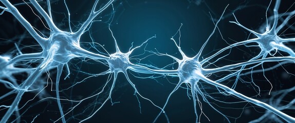 Poster - white neural network neuron connection cyan dark background motion and energy concept modern and futuristic digital abstract artwork background
