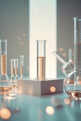 Poster - chemistry laboratory setup with glassware and colored liquid under soft lighting