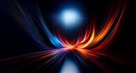Fototapete - Abstract vibrant image featuring dynamic light trails in blue, orange, red, and yellow hues. The lines converge towards a central bright spot, creating a sense of motion and energy on a dark backgroun