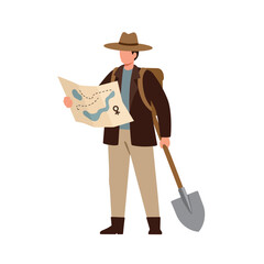 Poster - Explorer holding a treasure map with a shovel in flat vector art style vector illustration