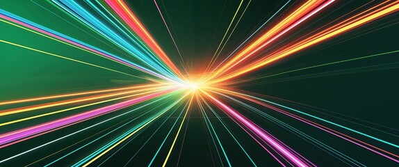 Poster - colorful diagonal streaks light rays on green dark background motion and energy concept modern and futuristic digital abstract artwork background