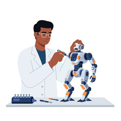 Poster - Scientist repairing robot with tools in a flat digital vector illustration