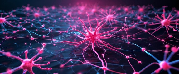 Poster - colorful neural network neuron connection red dark background motion and energy concept modern and futuristic digital abstract artwork background