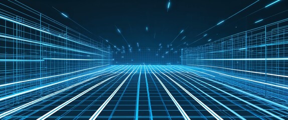 Aufkleber - cyan mesh grid glowing light rays on cyan dark background motion and energy concept modern and futuristic digital abstract artwork background