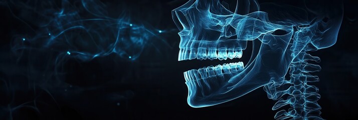 Poster - Detailed X-ray blueprint showing jawbone with implants and skeletal outlines against a dark medical background