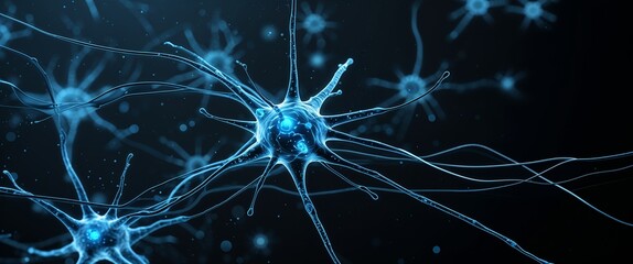 Aufkleber - cyan neural network neuron connection black dark background motion and energy concept modern and futuristic digital abstract artwork background