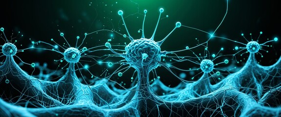 Aufkleber - cyan neural network neuron connection green dark background motion and energy concept modern and futuristic digital abstract artwork background