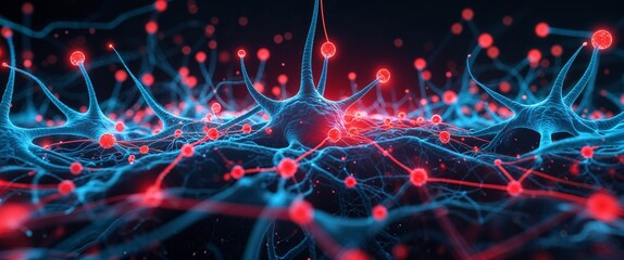 Poster - cyan neural network neuron connection red dark background motion and energy concept modern and futuristic digital abstract artwork background