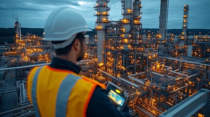 Aufkleber - An engineer in safety gear oversees automated systems in a petrochemical refinery, surrounded by illuminated structures at twilight. The focus is on efficient manufacturing and processing.