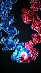 Poster - Mesmerizing twirl of red and blue ribbons illuminated by a luminous orb in motion