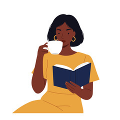 Poster - Woman enjoying a book while sipping coffee in minimal vector illustration