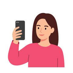 Poster - Woman taking selfie with smartphone in flat design vector art