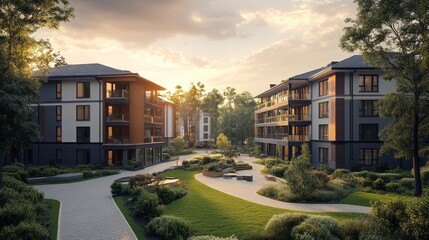 Poster - Golden rays illuminate the contemporary apartments surrounded by vibrant gardens and walking paths, creating a serene atmosphere ideal for evening strolls and relaxation