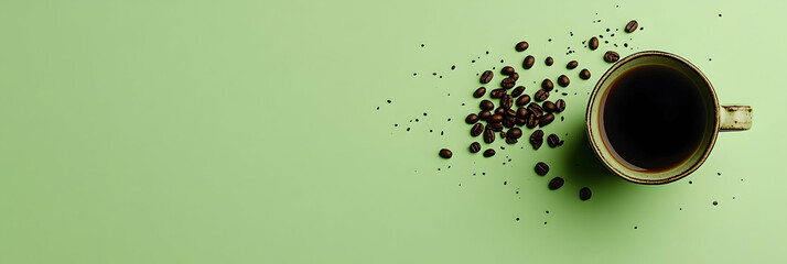 Poster - Minimalistic background with coffee beans and a cup of black coffee on a green pastel color, top view