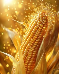 Poster - Close-up of ripe corn cobs with vibrant yellow kernels and intricate textures illuminated by warm sunlight in golden fields