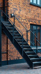 Aufkleber - A black metal staircase rises gracefully alongside a textured brick wall, showcasing a blend of industrial design and urban charm. Sunlight enhances the scene, creating striking contrasts
