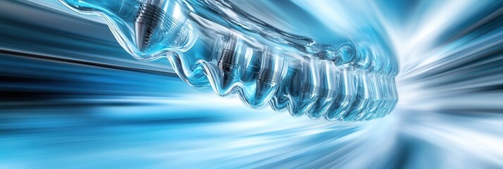 Poster - Dynamic abstract concept of dental implants merging into a strong, fast-healing jaw with vibrant blue and silver colors in a high-energy setting