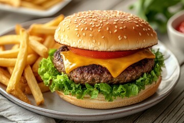 Aufkleber - Delicious cheeseburger with fries served on a plate in a cozy setting perfect for lunch or dinner