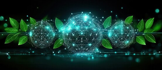 Poster - A futuristic digital design featuring glowing spheres and green leaves, symbolizing innovation and nature. Copy space, commercial use