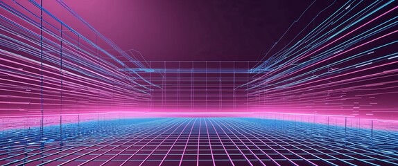 Aufkleber - blue mesh grid glowing light rays on pink dark background motion and energy concept modern and futuristic digital abstract artwork background