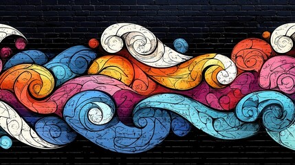Poster - A vibrant mural featuring colorful swirling patterns that evoke a sense of creativity and artistic expression. Copy space, commercial use