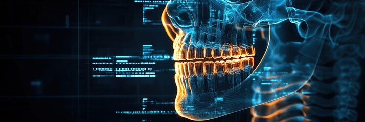 Poster - Jawbone blueprint with implants displayed against a dark medical background featuring glowing skeletal outlines and detailed dental features