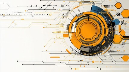 Poster - Futuristic abstract technology background with vibrant circles and geometric shapes in yellow and blue colors. Copy space, commercial use