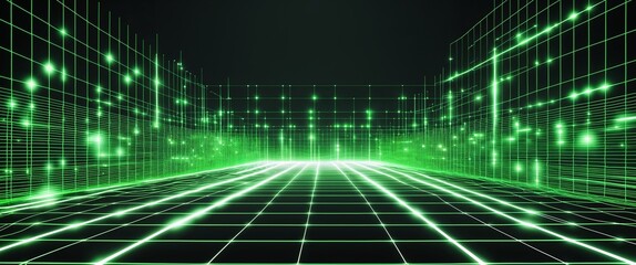 Aufkleber - green mesh grid glowing light rays on black dark background motion and energy concept modern and futuristic digital abstract artwork background