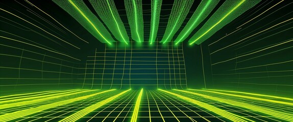 Aufkleber - green mesh grid glowing light rays on yellow dark background motion and energy concept modern and futuristic digital abstract artwork background