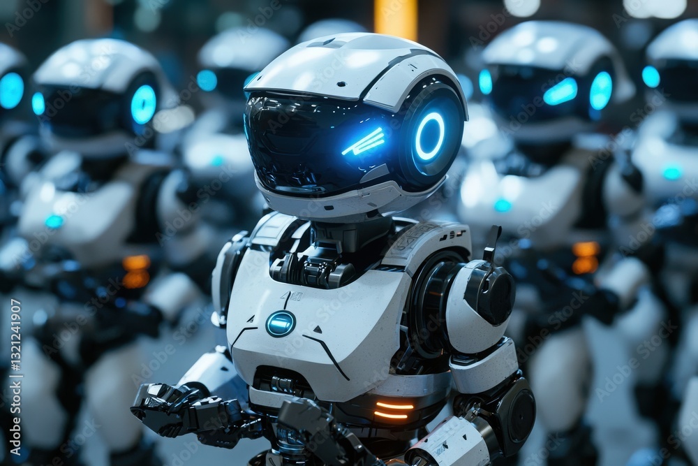 A group of sleek, humanoid robots with glowing blue accents stands in a modern exhibition hall. Advanced technology and innovation are highlighted in this striking display, showcasing robotics.