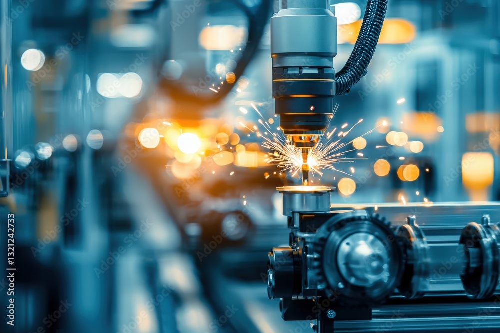 Bright sparks fly from a laser cutting machine in a busy manufacturing facility. The equipment is finely tuned and surrounded by advanced technology, showcasing precision and efficiency in production.