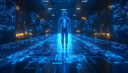 Poster - A glowing human figure stands in a futuristic digital corridor, surrounded by intricate circuitry and data streams.  The scene is dark and atmospheric