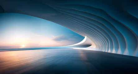 Poster - Futuristic abstract architecture features curved white walls creating a tunnel-like passage towards a vibrant sunset sky.  Serene and modern, the scene evokes a sense of open space and journey.