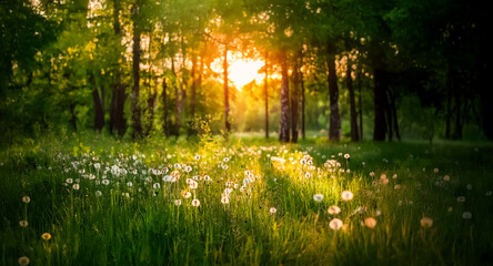 Poster - Sunlight streams through forest trees, illuminating a field of fluffy dandelions and vibrant green grass in a peaceful natural scene.