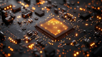 Poster - Illuminated CPU on circuit board; tech background; data processing