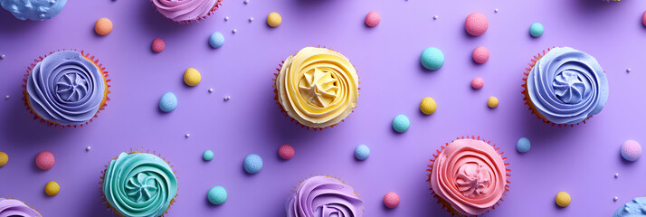 Poster - Colorful cupcakes with pastel frosting on a purple background, top view