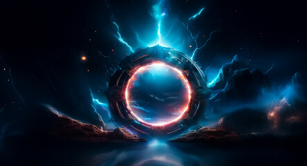 Poster - A glowing portal, framed by dark clouds and cosmic dust, emits vibrant blue lightning in a night scene. It seems to open into another dimension or world with bright light.