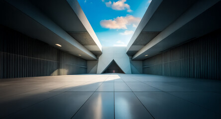 Poster - A modern architectural corridor with strong geometric lines leads to an open space revealing a bright blue sky. Sunlight illuminates the scene, casting sharp shadows on the tiled floor.